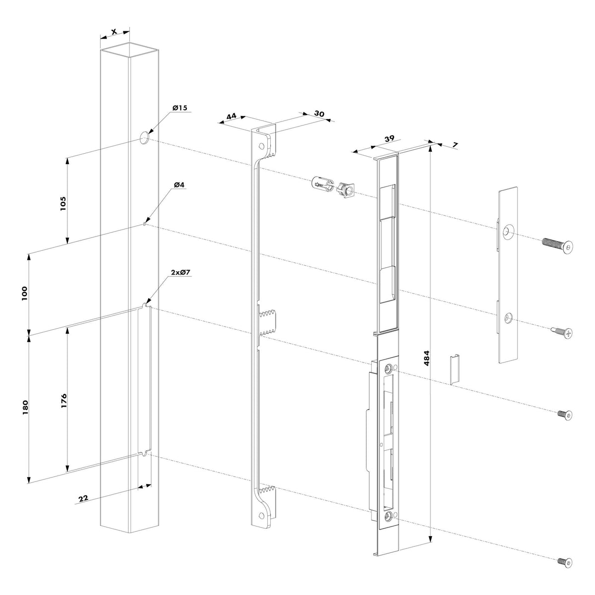Locinox SFKU-V įleidžiamo gaudytuvo matmenys ir montavimo schema