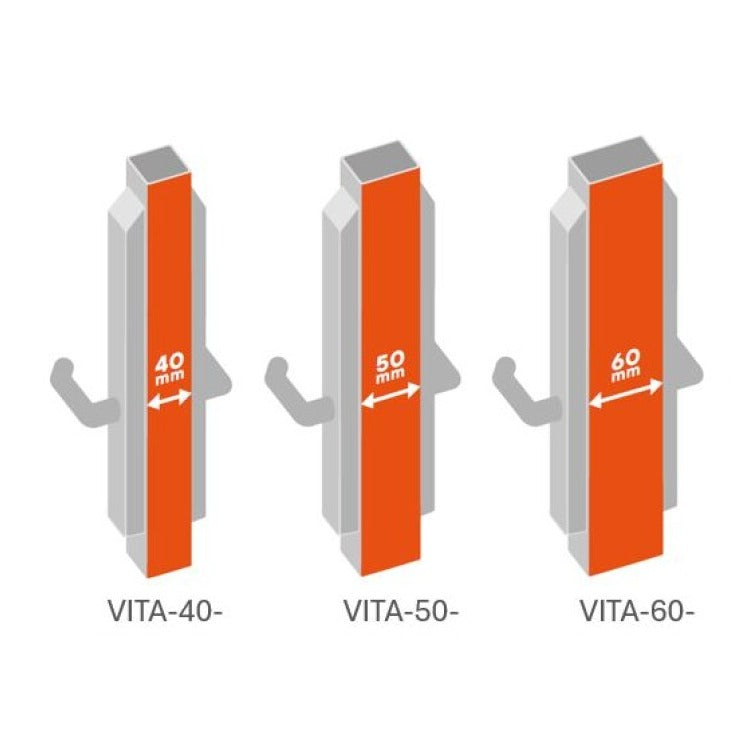 VITA kodinio užrakto pasirinkimas pagal vartų profilio storį: 40, 50, 60 mm